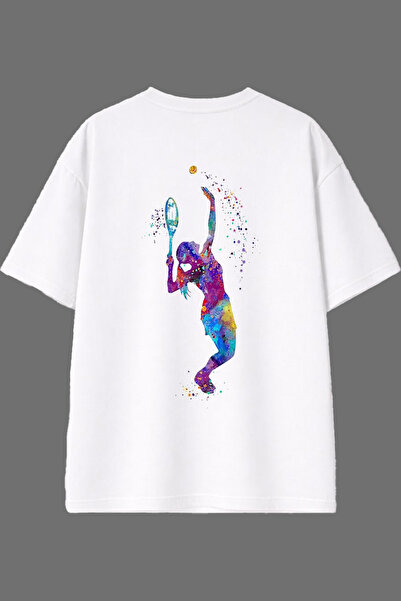 VSRN تي شيرت أبيض كبير الحجم بتصميم التنس وطباعة خلفية