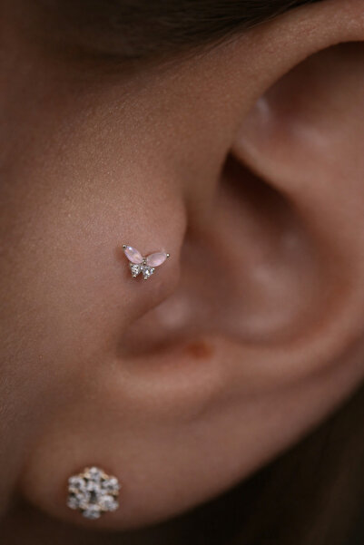 alysa jewelry Cerrahi Çelik pembe zirkon taşlı kelebek piercing tragus, helik...