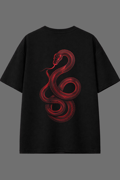 VSRN Kırmızı Yılan Tasarım Arka Baskılı Siyah Oversize T shirt