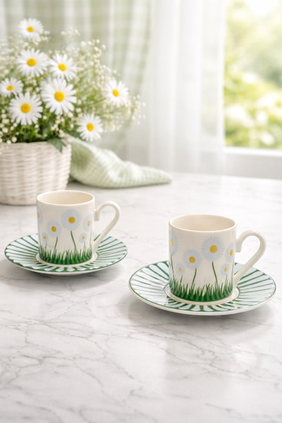 YzHome 2-Person Porcelain Daisy Patterned Coffee Cup Set 90ml