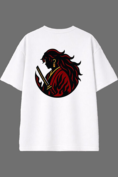 VSRN تي شيرت نسائي بتصميم الساموراي مطبوع من الخلف باللون الأبيض مقاس كبير