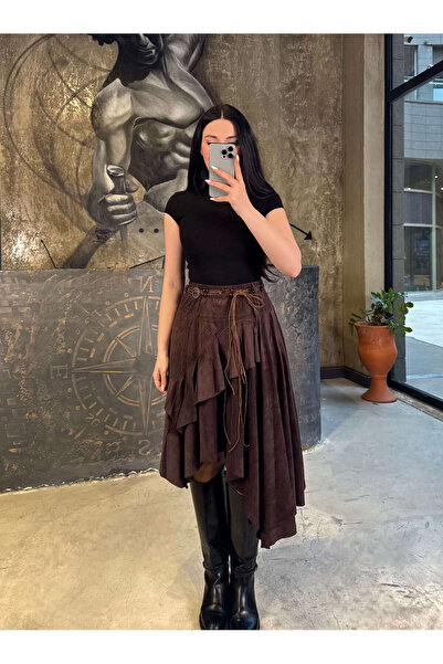 missswans Matia Kemeri Etnik Beli Lastiklı Asimetrik Kesim Suet Etek Kahve