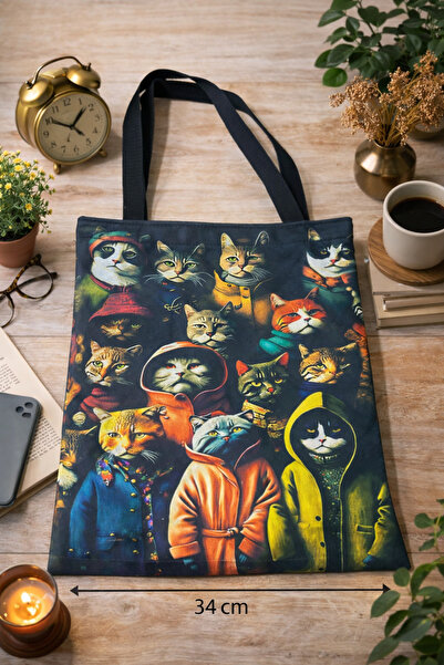 street&bagdnz Colorful Raincoat Cats Patterned Black Bag Set Tote and Makeup Bag
