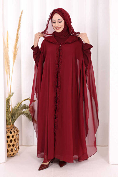 Bym Fashion Kapişonlu Belirli Kısımları Fırfır Detaylı Abayalı Elbise Takım 3...