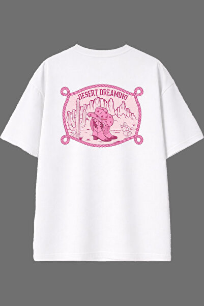 VSRN Tricou supradimensionat alb cu imprimeu pe spate Desert Tasarım
