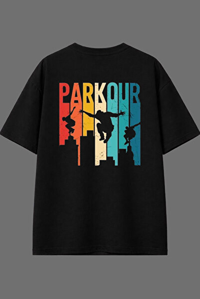 VSRN تي شيرت أسود كبير الحجم بتصميم باركور مطبوع من الخلف