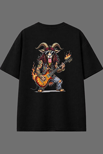 VSRN تي شيرت أسود كبير الحجم بتصميم Goat Rocker مطبوع من الخلف