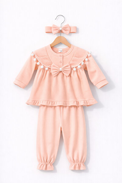 mini kanka 100&100 Cotton Bow and Pompom Detailed Long Sleeve 3-Piece Baby Gi...