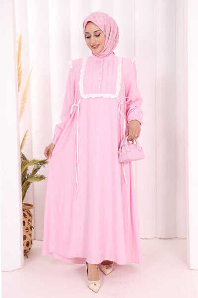 Bym Fashion Bağlamalı ve Fırfır Detaylı Elbise 6064 Pembe