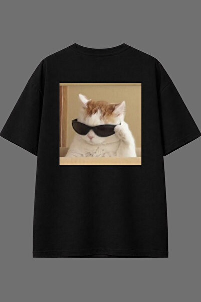 VSRN Cat with Glasses Design Back Printed Black Oversize T-Shirt