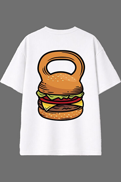 VSRN تي شيرت أبيض كبير الحجم بتصميم همبرغر رياضي مطبوع من الخلف