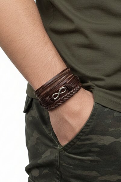 AB Takı Infinity Design 3-Piece Real Leather Bracelet Men's Bracelet Fashion ...