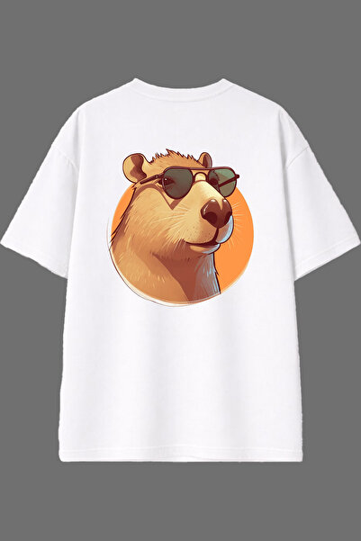 VSRN Tricou oversize alb cu imprimeu pe spate cu design Capybara cu ochelari
