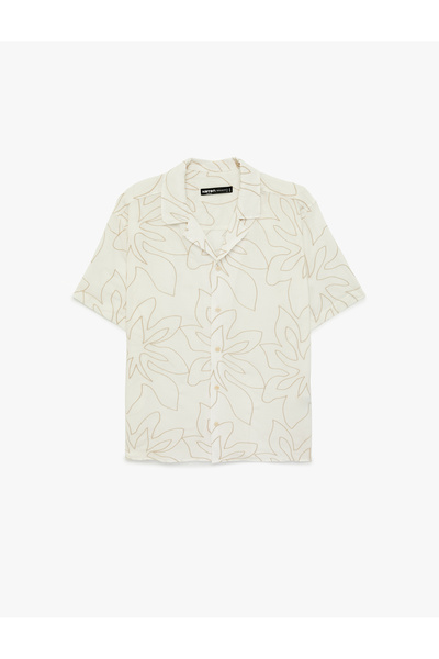 Koton Regular Fit Short Sleeve Viscose Blend Embroidered Turn-Down Collar Shirt