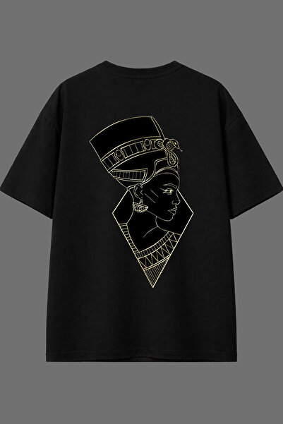 VSRN تي شيرت أسود كبير الحجم بتصميم كليوباترا مطبوع من الخلف