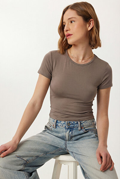 Lovelyİstanbul تي شيرت ساندي بيزك تي شيرت محبوك LZE0009 VİZON