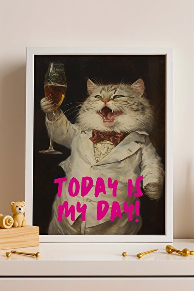 Saturn Today Is My Day Cat Holding a Goblet Framed Painting Gift for Cat Love...