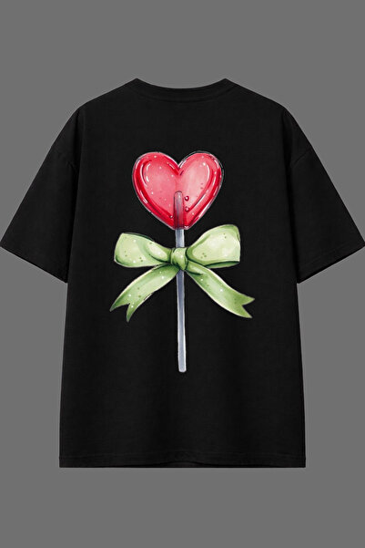 VSRN Μπλουζάκι με σχέδιο Heart Lolipop και στάμπα στην πλάτη, μαύρο, oversized