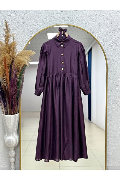 MİHRA STORE Açılay Gold Buttoned Half-Pleated Dress-Şa1146 Plum