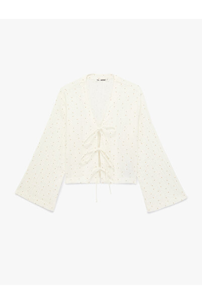 Koton Cotton Long Sleeve V-Neck Tie Bow Detailed Blouse