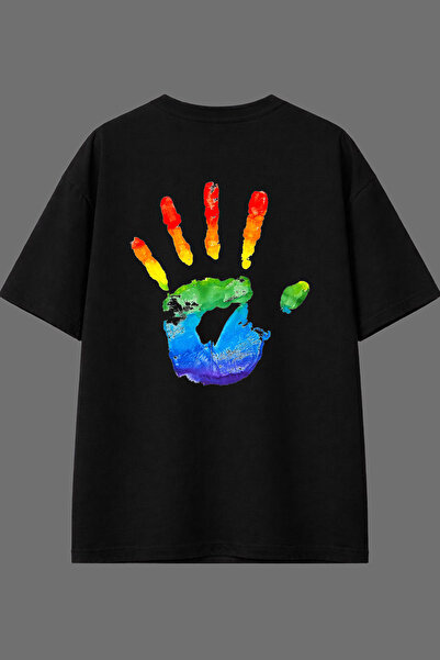 VSRN Tricou oversize negru, cu imprimeu pe spate, cu design colorat realizat ...