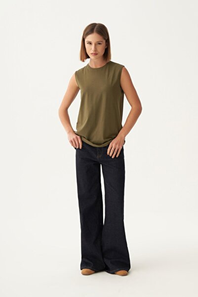 ALLDAY Khaki-Crew Neck Sleeveless Cotton T-Shirt