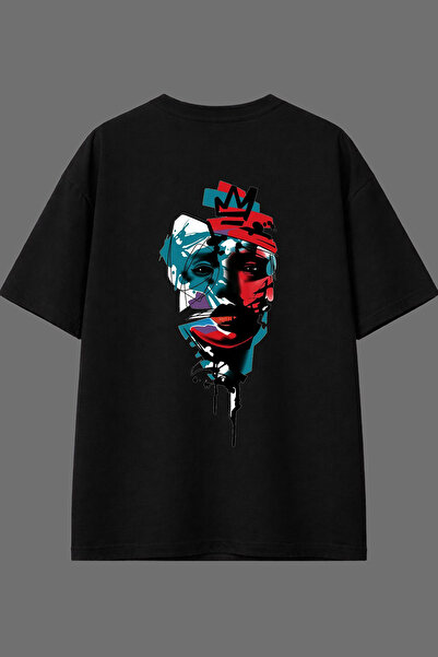 VSRN تي شيرت أسود كبير الحجم بتصميم رسم غريب مطبوع من الخلف