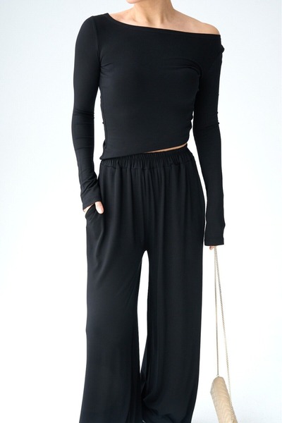 Qu Style Siyah Uzun Kollu Düz Takım