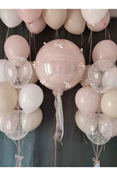 Çemrek Süs Parti Fiyonklu Pudra ŞEffaf Balon Demeti Seti jumbo Balonlu 22 Parça