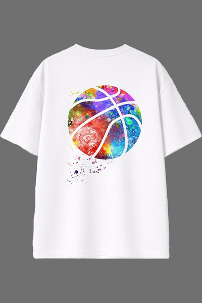 VSRN Tricou oversize alb cu imprimeu pe spate, cu design colorat de baschet
