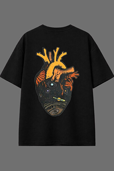 VSRN تي شيرت أسود كبير الحجم بتصميم قلب جالاكسي مطبوع من الخلف