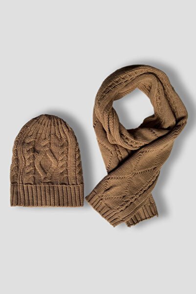 Sabri Özel Erkek Saç Örgü Örme %100 Akrilik Standart Beden Camel Atkı Bere Ta...