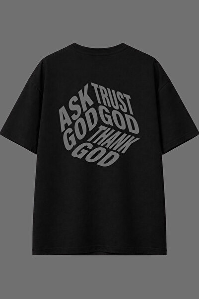 VSRN Tricou oversize negru cu imprimeu pe spate Ask Trust Tasarım