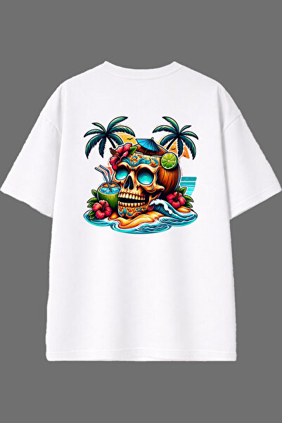 VSRN Tricou oversize alb cu imprimeu pe spate cu design cap de schelet