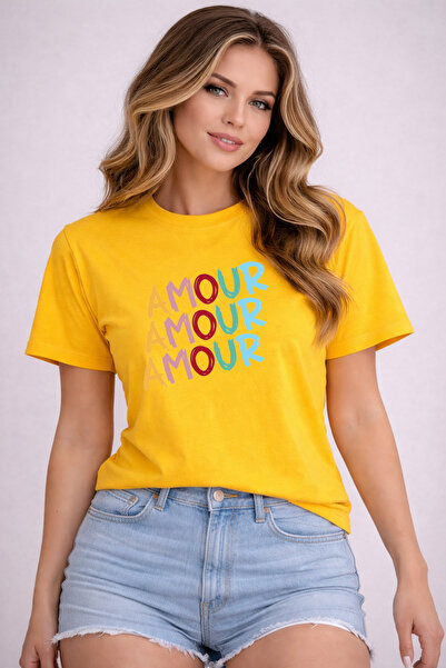 herkesemoda Amour Print Detailed Basic T-Shirt