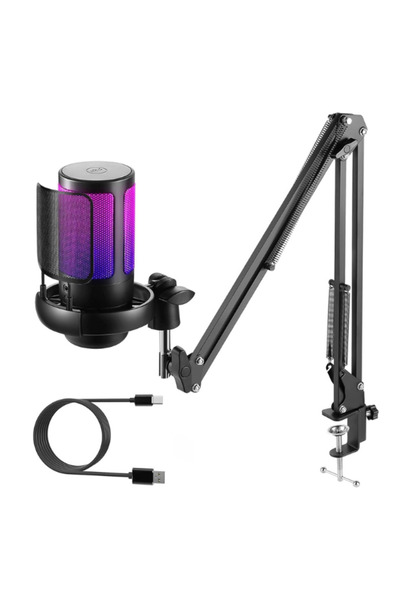 AL3B مايك مع ستاند USB للكمبيوتر ميكروفون مكثف بخاصية إلغاء الضوضاء واضاءة ار...