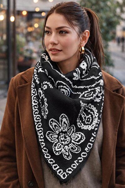 Wearflawless Trend Double-Sided Ethnic Patterned Triangle Knitwear Scarf, Tre...