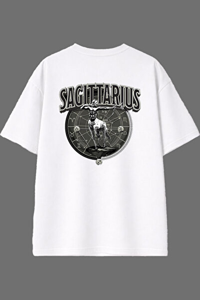 VSRN تي شيرت أبيض كبير الحجم بتصميم برج ساجيتاروس مطبوع من الخلف
