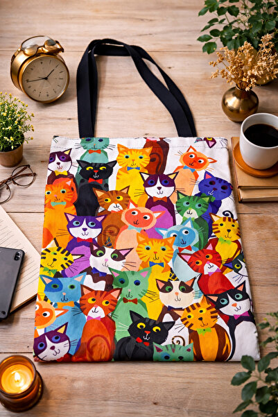street&bagdnz Pop-Art Style Colorful Cats Printed Shoulder Bag and Portfolio Set