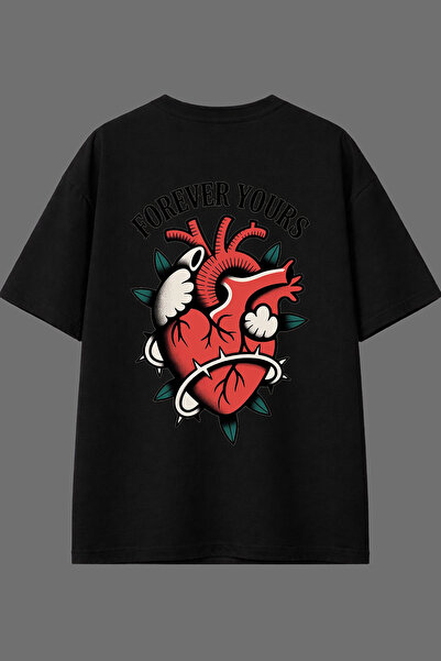 VSRN تي شيرت أسود كبير الحجم بتصميم قلب 3 مطبوع من الخلف