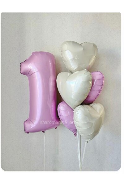 Çemrek Süs Parti Pink 1 Year Old Foil Heart Balloon Balloon Bundle Set 6 Pieces