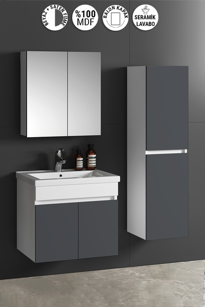 ÖZCEDEN Çiğdem 55+35 cm Beyaz-Füme Balon MDF Seramik Lavabolu Asma Banyo Dola...