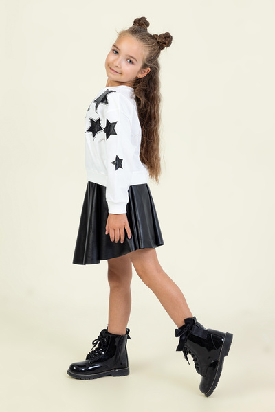Dmb Girl's Leather Skirt and Leather Star Embroidery Bodysuit 2-Piece Set