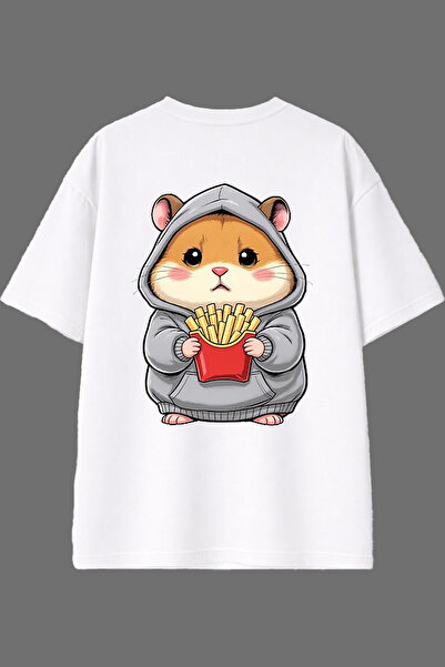 VSRN تي شيرت أبيض كبير الحجم بتصميم هامستر مطبوع من الخلف