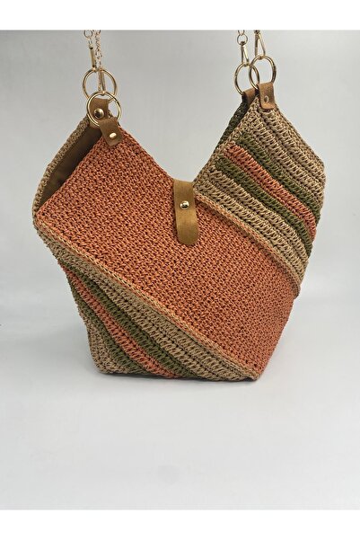 Neha El Yapımı Kâğıt İp Çizgili Çok Renkli Çanta | İki Yönlü Kullanım – Sınır...