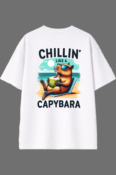 VSRN Tricou oversize alb cu imprimeu pe spate Chillın Capybara Design