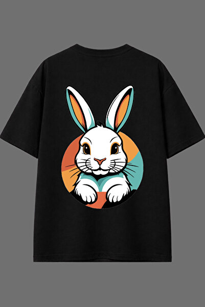 VSRN Sweet Rabbit Design Back Printed Black Oversize T-Shirt