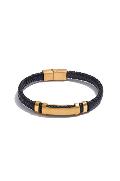 VİYA Men's Braided Leather Steel Bracelet – Gold & Silver Premium Model