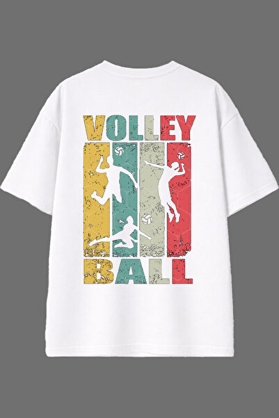 VSRN تي شيرت أبيض كبير الحجم بتصميم كرة الطائرة 2 مع طباعة خلفية