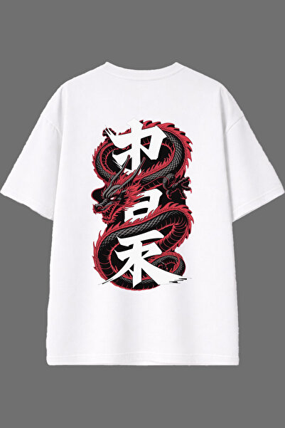 VSRN Tricou supradimensionat alb cu imprimeu pe spate cu design Dragon Japonez